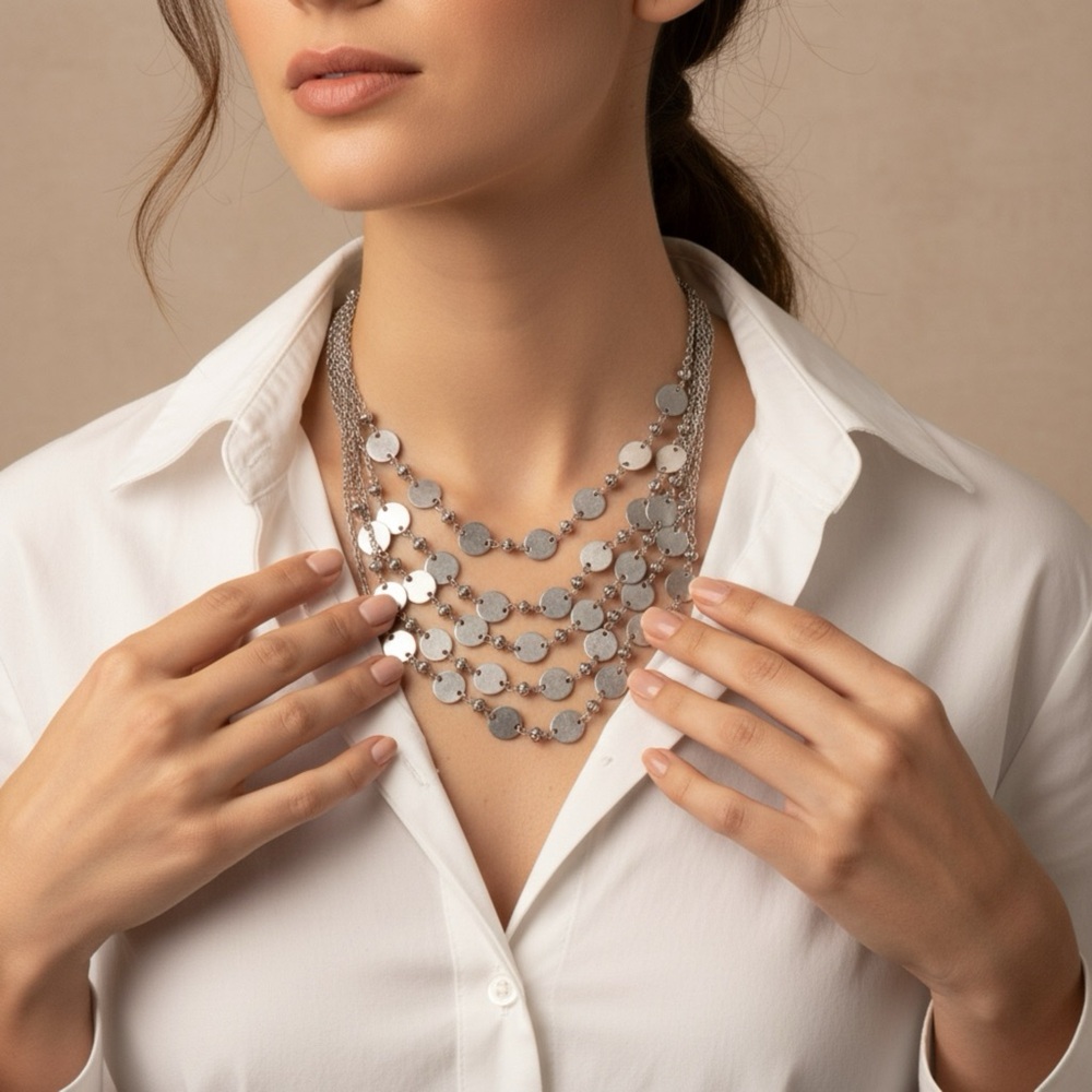 Silver Disk 5 Strand Multi-Layer Necklace. 17.5-21” - Picture 2 of 5